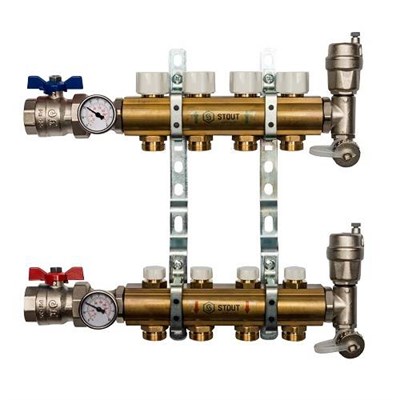 Коллекторная группа для радиаторного отопления STOUT SMB0468 - 1" на 4 контура 3/4"EK (латунь) 1567564810 - фото 129901