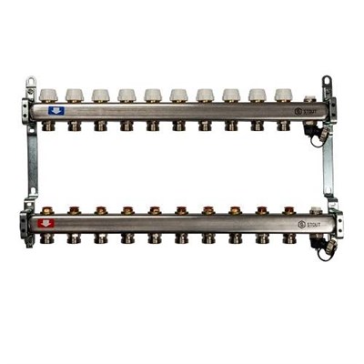 Коллекторная группа для радиаторного отопления STOUT SMS0932 - 1" на 10 контуров 3/4"EK (нерж.сталь) 411942429 - фото 129930