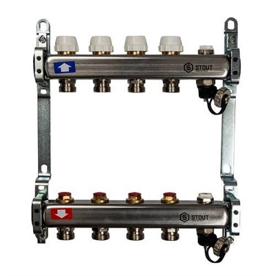 Коллекторная группа для радиаторного отопления STOUT SMS0932 - 1" на 4 контура 3/4"EK (нерж.сталь) 935282796 - фото 129935