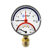 Термоманометр радиальный STOUT - 1/2" (D80 мм, шкала 0-120°C/0-6 бар, с запорным клапаном) 748791842